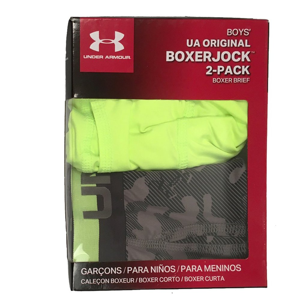 NEW 2 Pack Underarmour Boys Boxerjock Boxer Briefs! Yellow and Black & Gray Camo